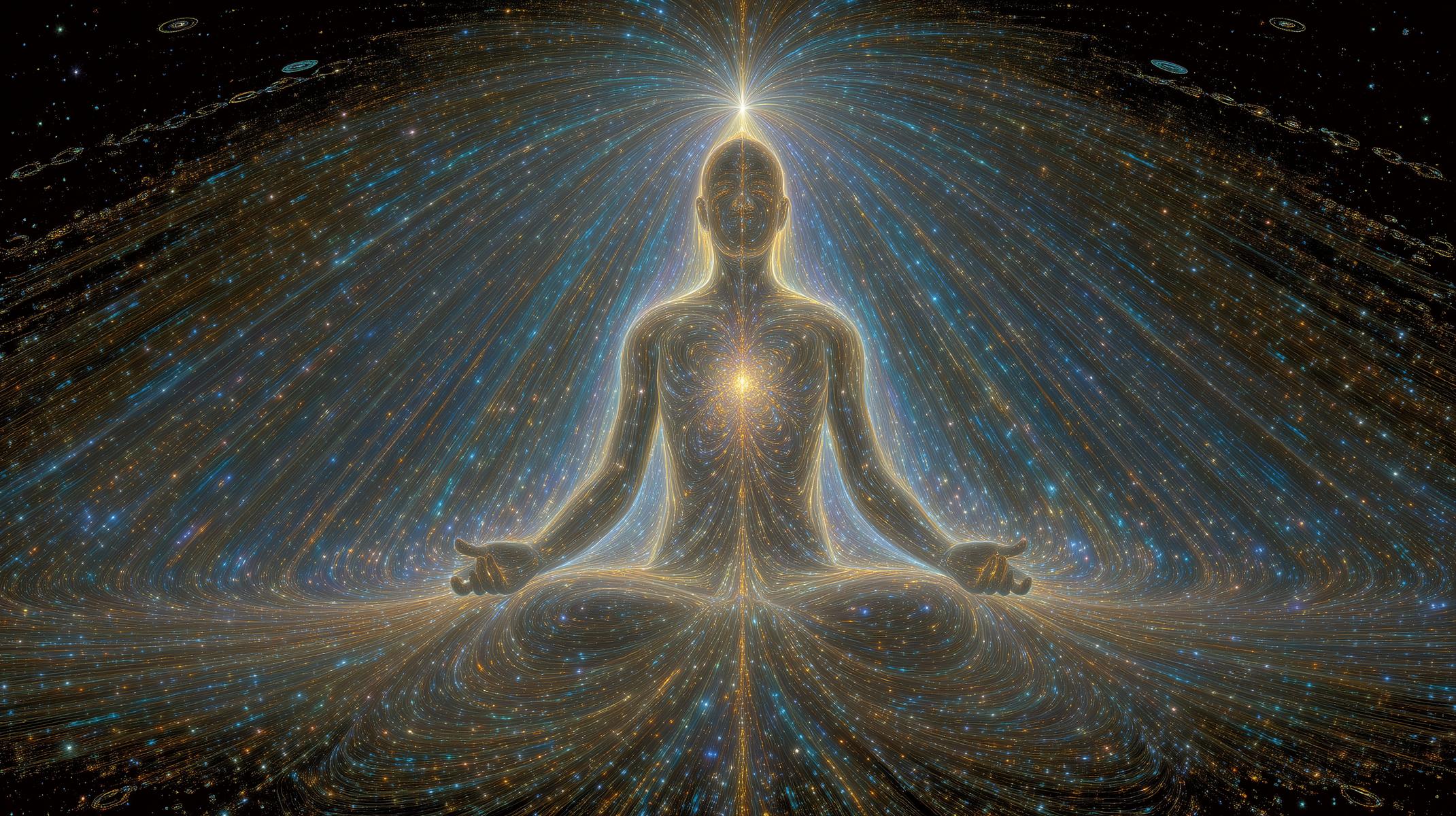 Meditierende Gestalt im Wald, Lichtstrahlen